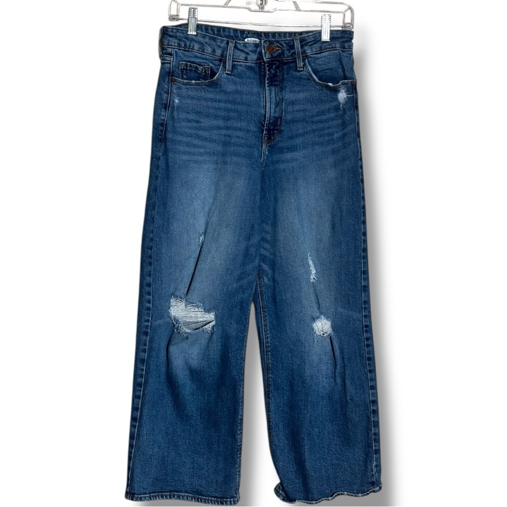 Old Navy Dark Indigo Blue Denim Distressed Knees Ankle Length Wide-Leg Jeans - Picture 3 of 11